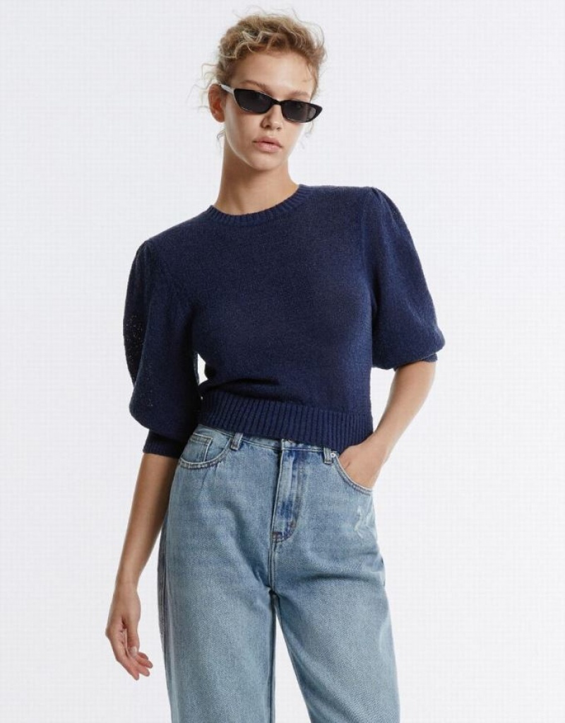 Navy Urban Revivo Plain Cropped Women\'s Sweaters | 02741PQDN