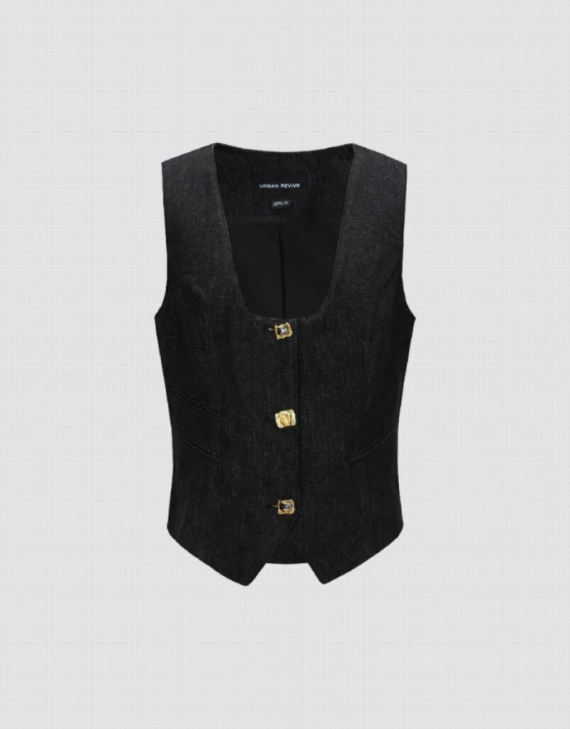 Navy Urban Revivo U Neck Denim Waistcoat Women's Shirts | 82467MYOJ