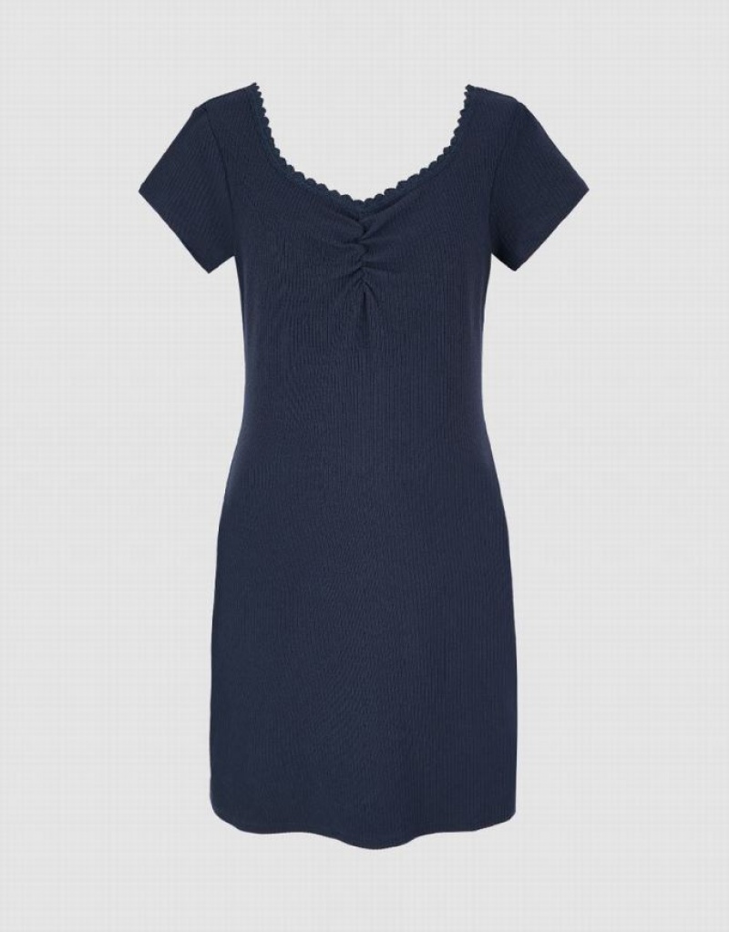 Navy Urban Revivo V-Neck Skater Women's Short Dress | 45206WBVE