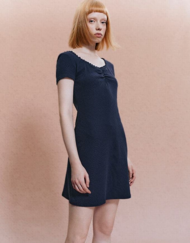 Navy Urban Revivo V-Neck Skater Women's Short Dress | 45206WBVE