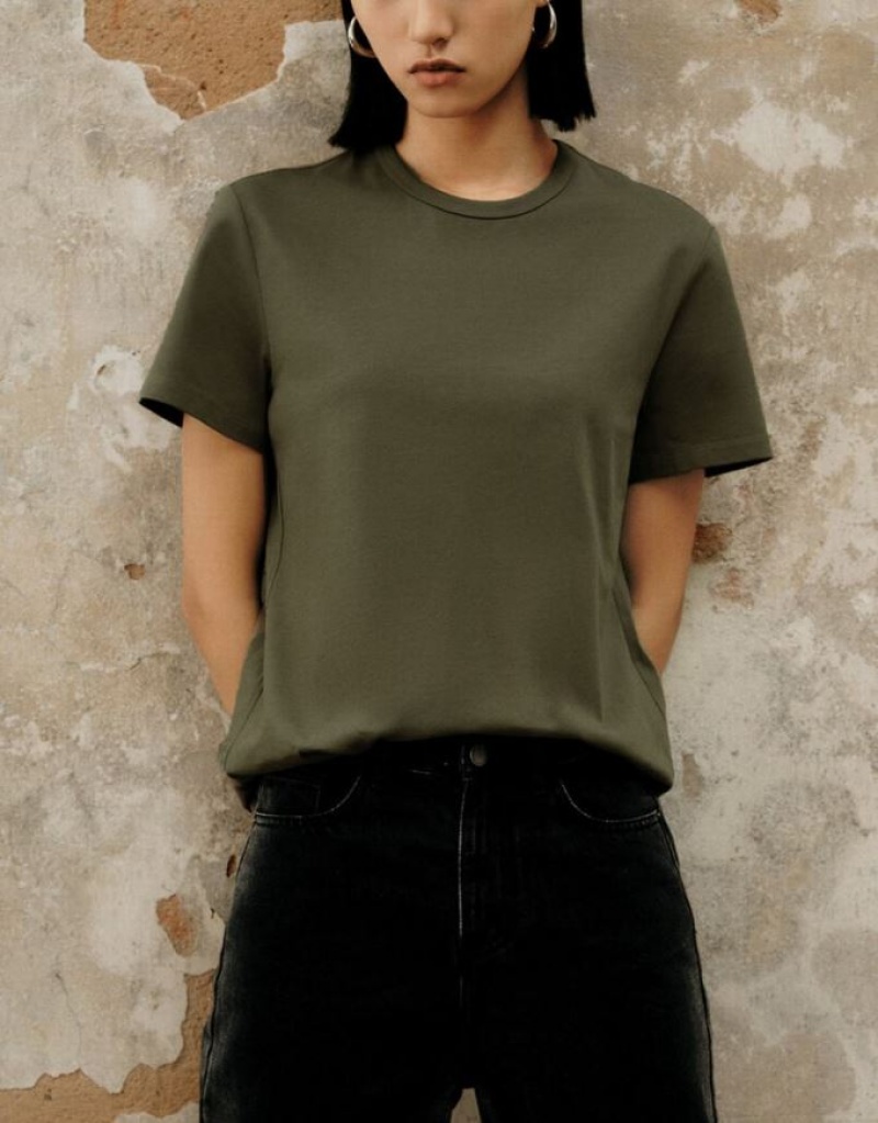 Olive Urban Revivo Basic Regular Women's T-Shirts | 21398JROK