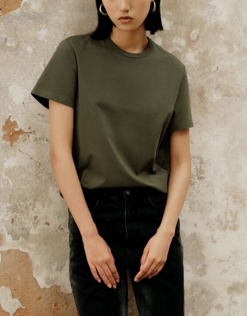 Olive Urban Revivo Basic Regular Women's T-Shirts | 21398JROK