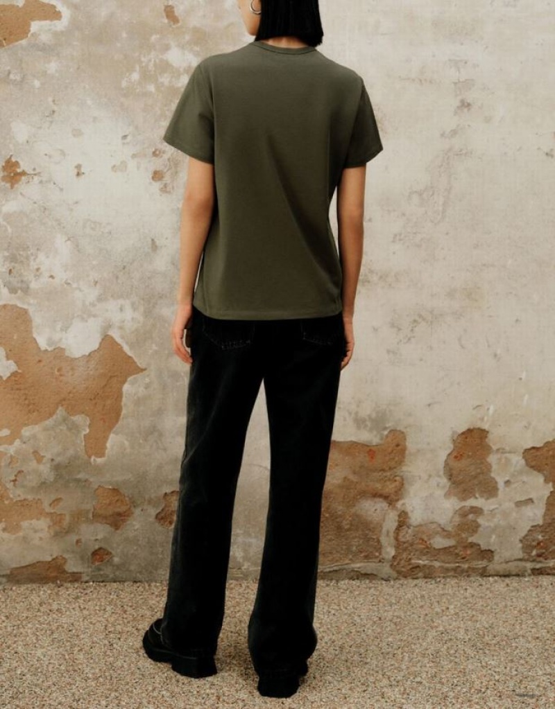 Olive Urban Revivo Basic Regular Women's T-Shirts | 21398JROK