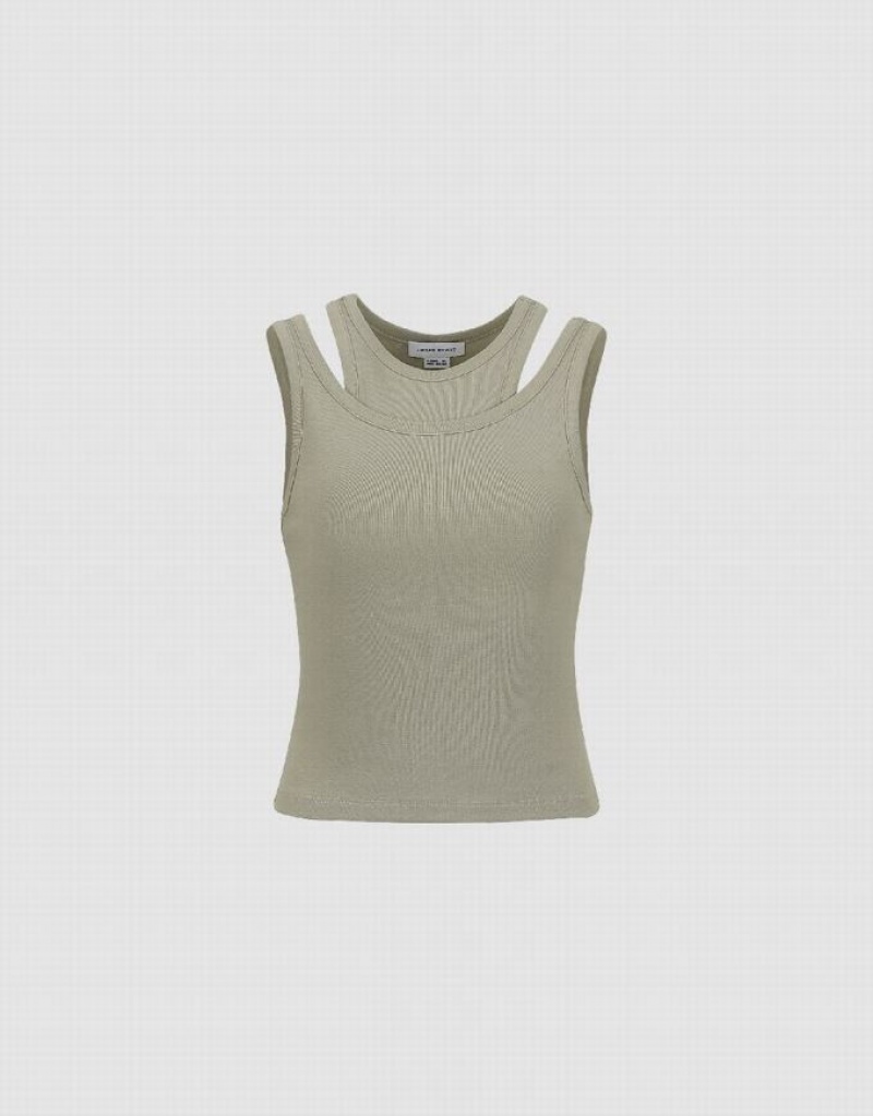 Olive Urban Revivo Crew Neck Women's Tank Top | 21894NRAK