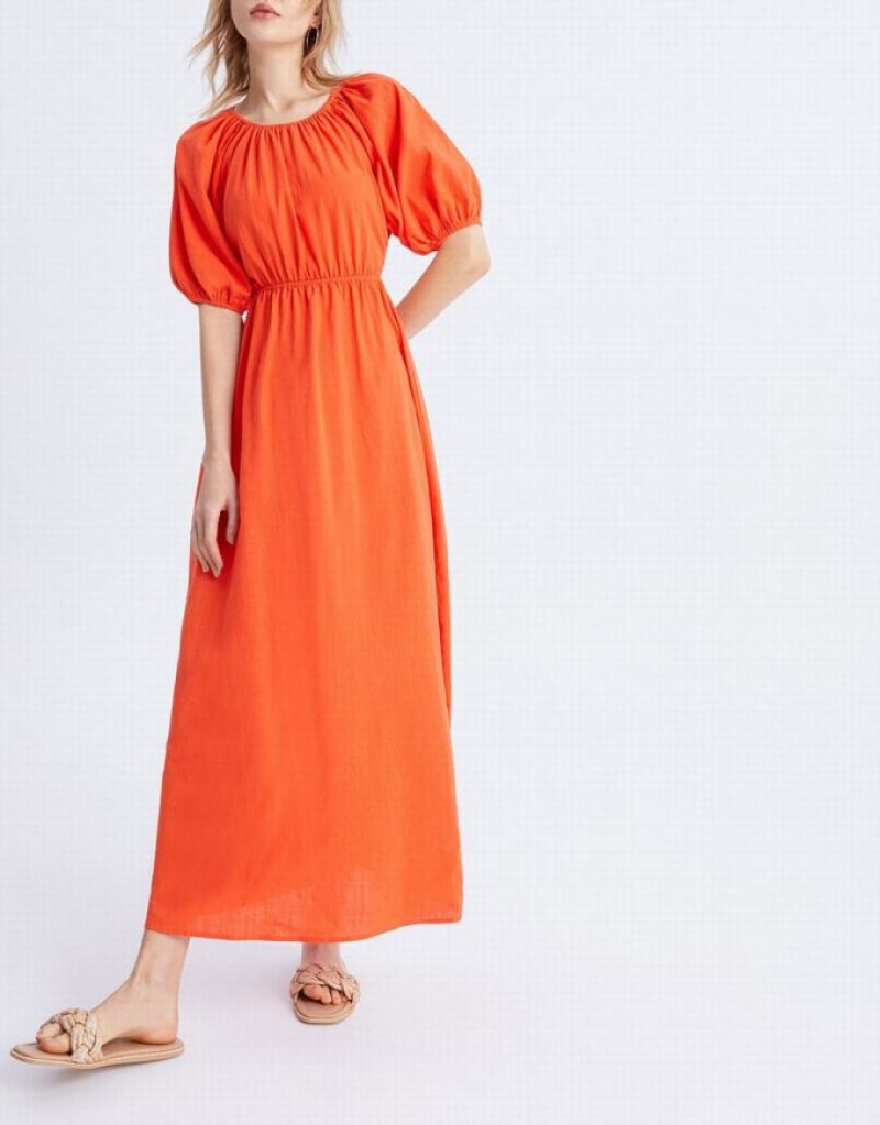 Orange Urban Revivo Cut Out Back Puff Sleeve Maxi Women's Maxi Dress | 97065XHVR