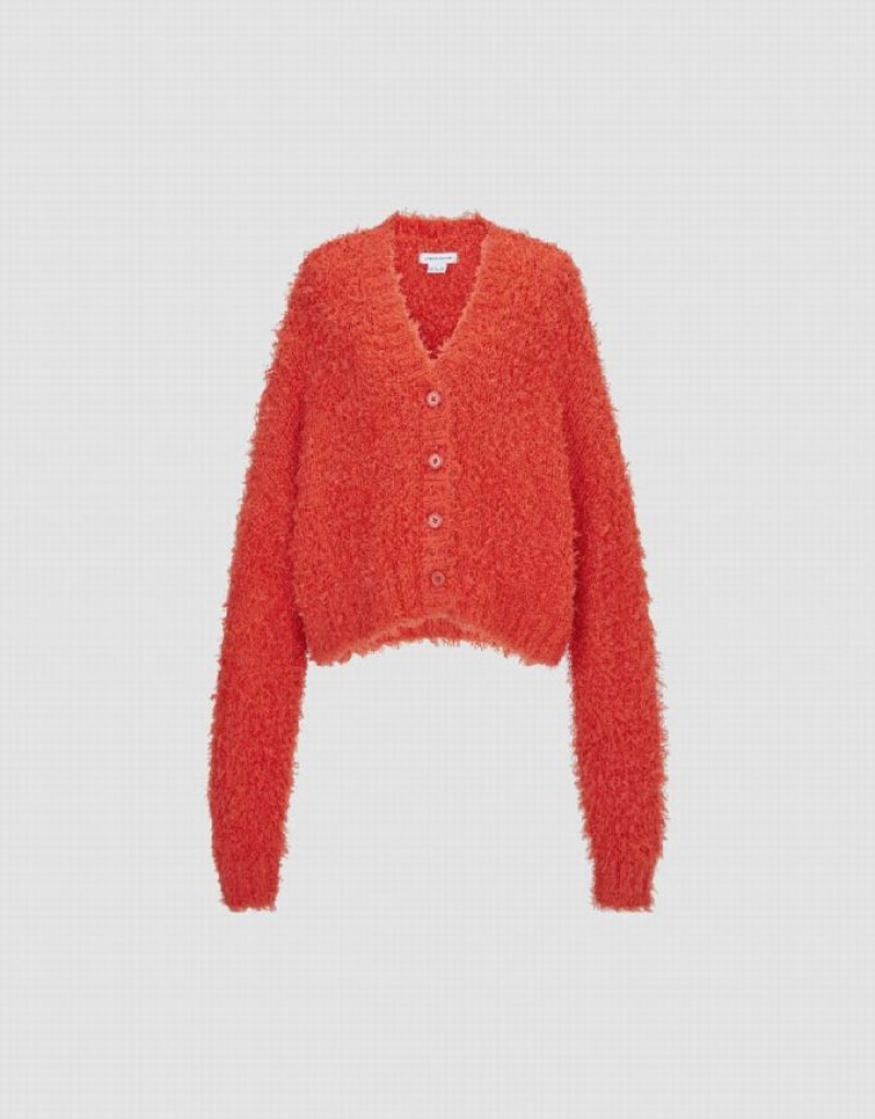 Orange Urban Revivo Furry V-Neck Knitted Women's Cardigan | 07869NRIB