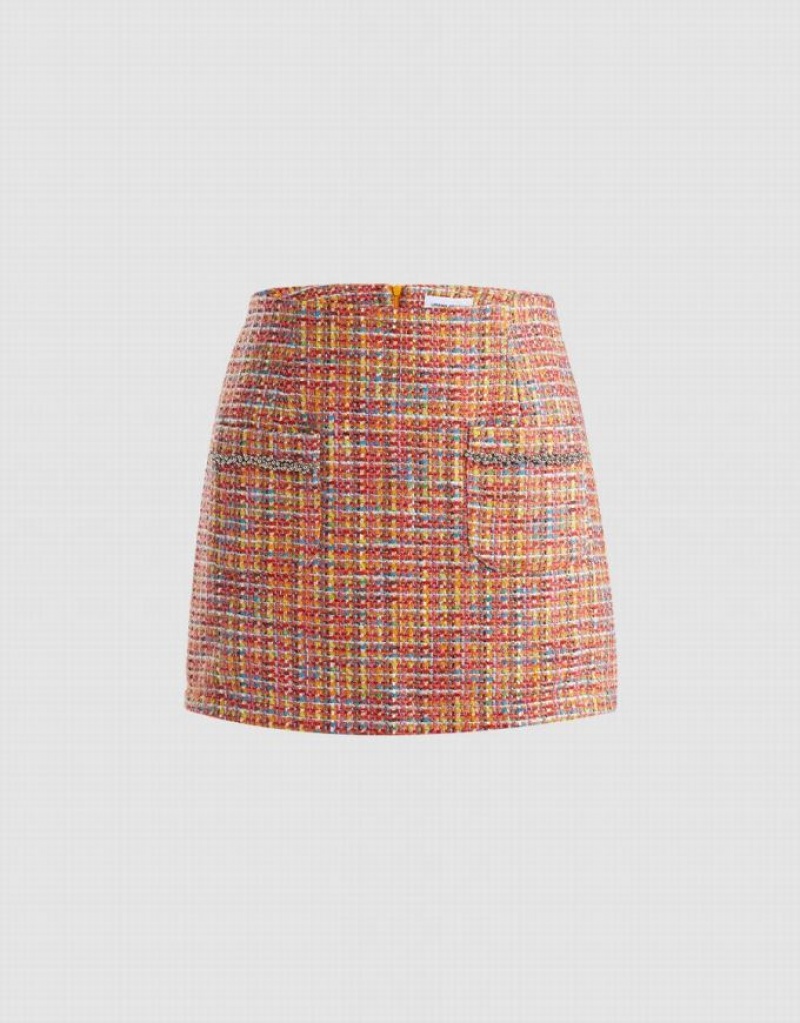 Orange Urban Revivo Patched Pocket Tweed Women\'s Skirts | 10324CQKR