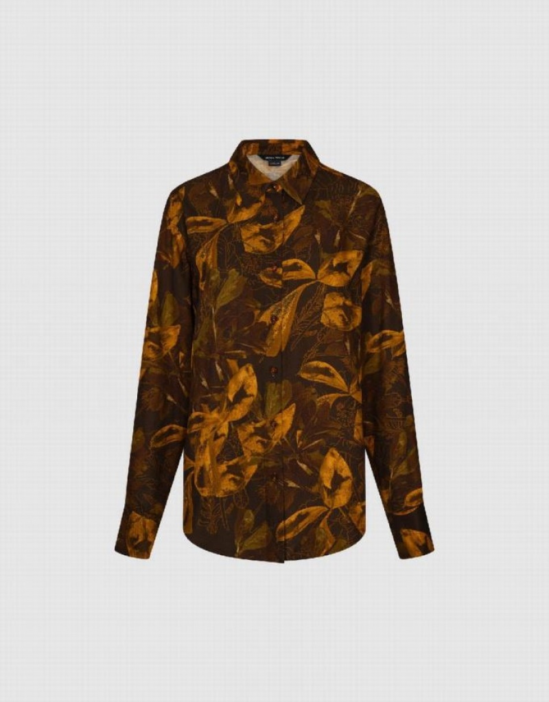 Orange Urban Revivo Printed Button Up Straight Women's Shirts | 36974AJCG