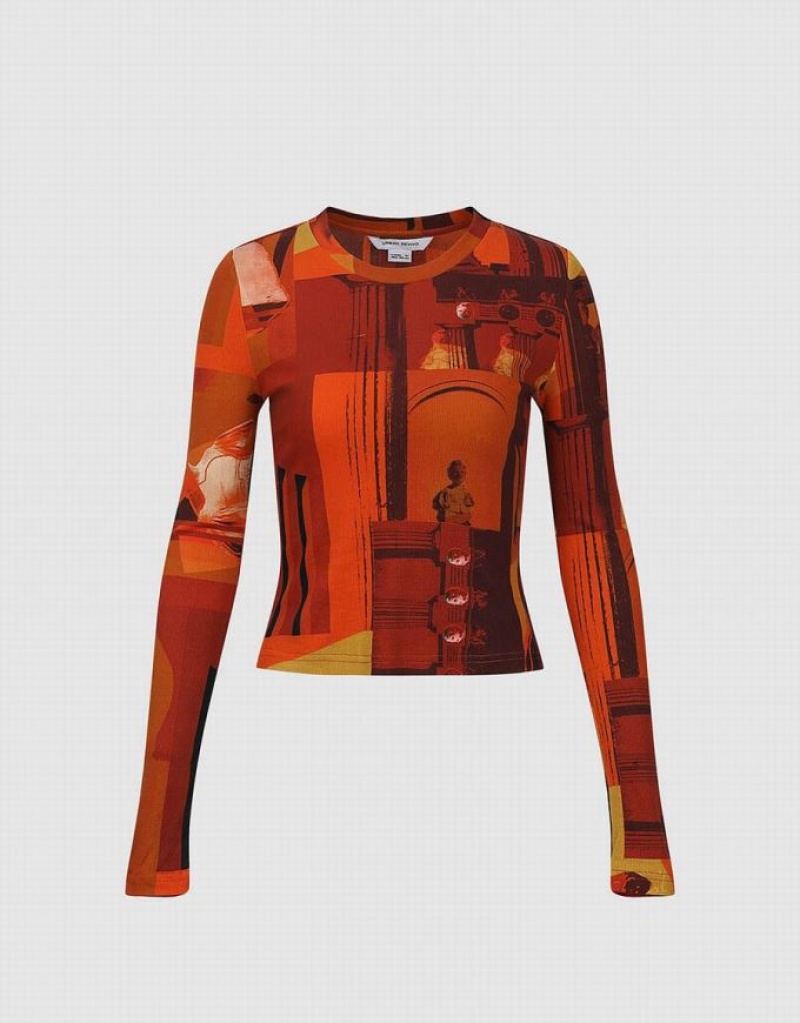 Orange Urban Revivo Printed Crew Neck Skinny Women's Sweatshirts | 20531FZAK