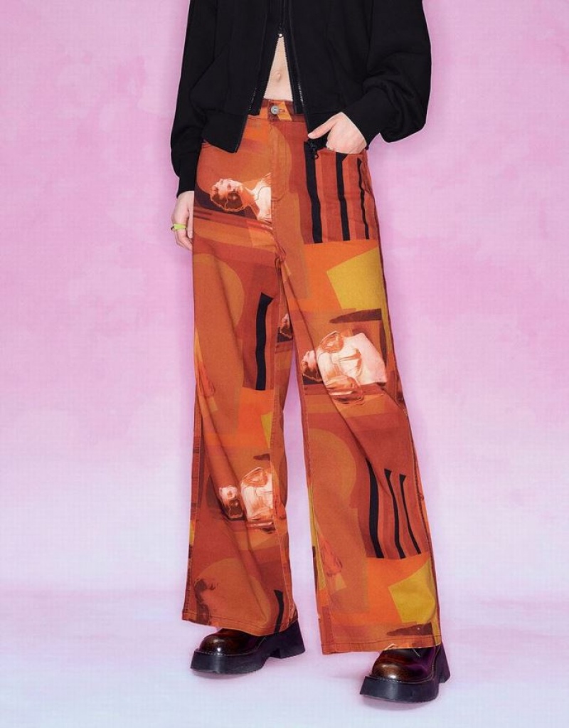 Orange Urban Revivo Printed Straight Women's Pants | 10628GKJF