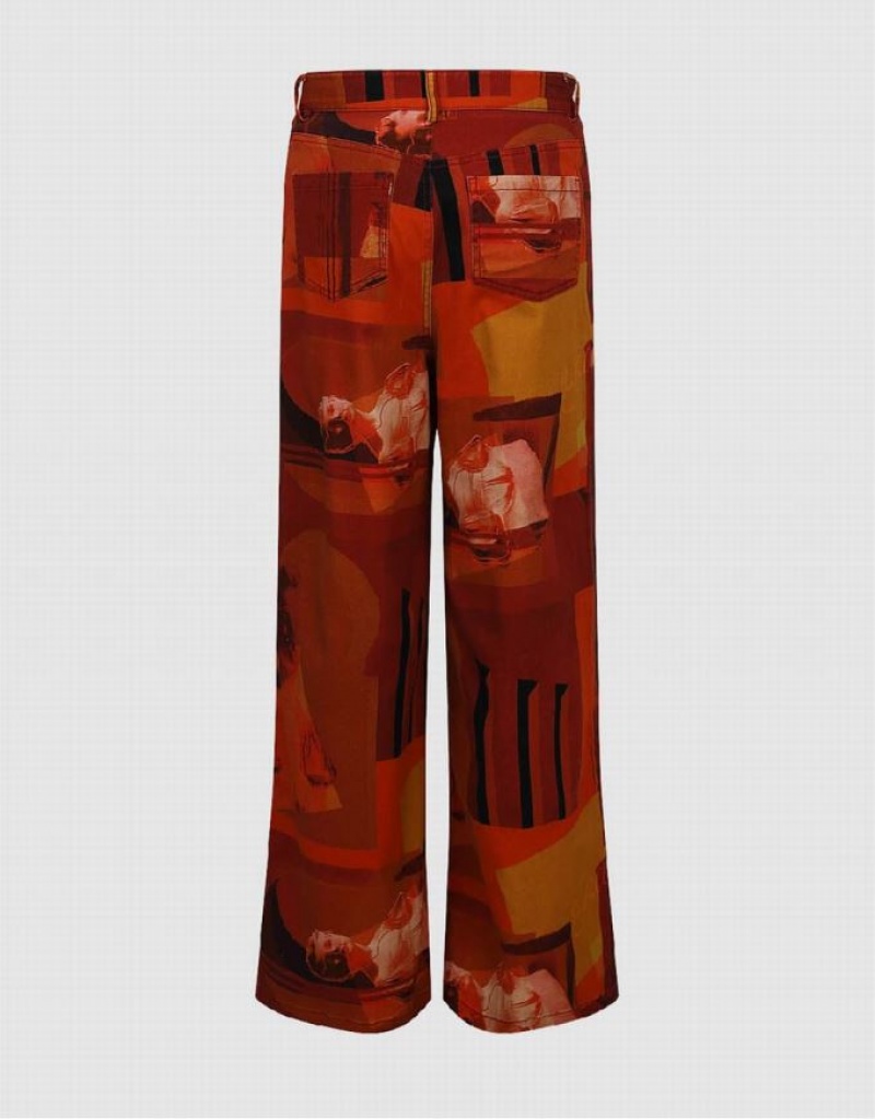 Orange Urban Revivo Printed Straight Women's Pants | 10628GKJF