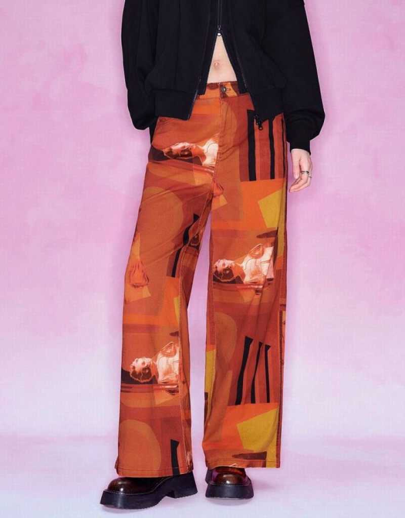 Orange Urban Revivo Printed Straight Women's Pants | 10628GKJF