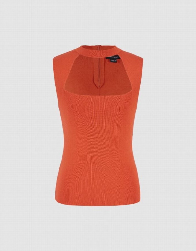 Orange Urban Revivo Sleeveless Keyhole Neck Knitted Women's Cardigan | 80326OSMT