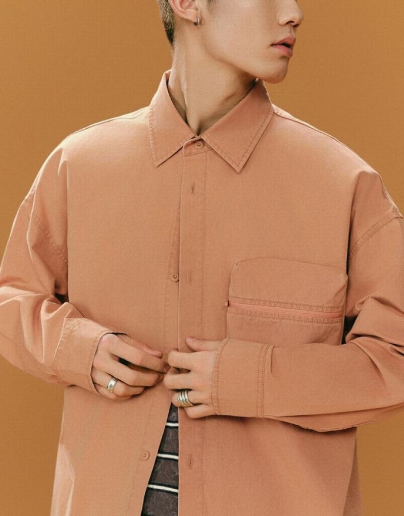 Orange Urban Revivo Straight Oversized Men's Shirts | 68253AFMN