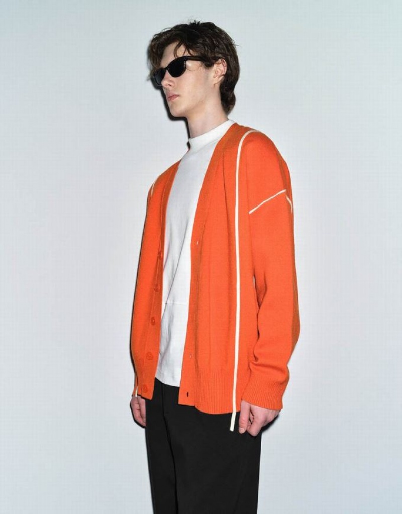 Orange Urban Revivo V-Neck Knitted Men's Cardigan | 83476ZFKQ