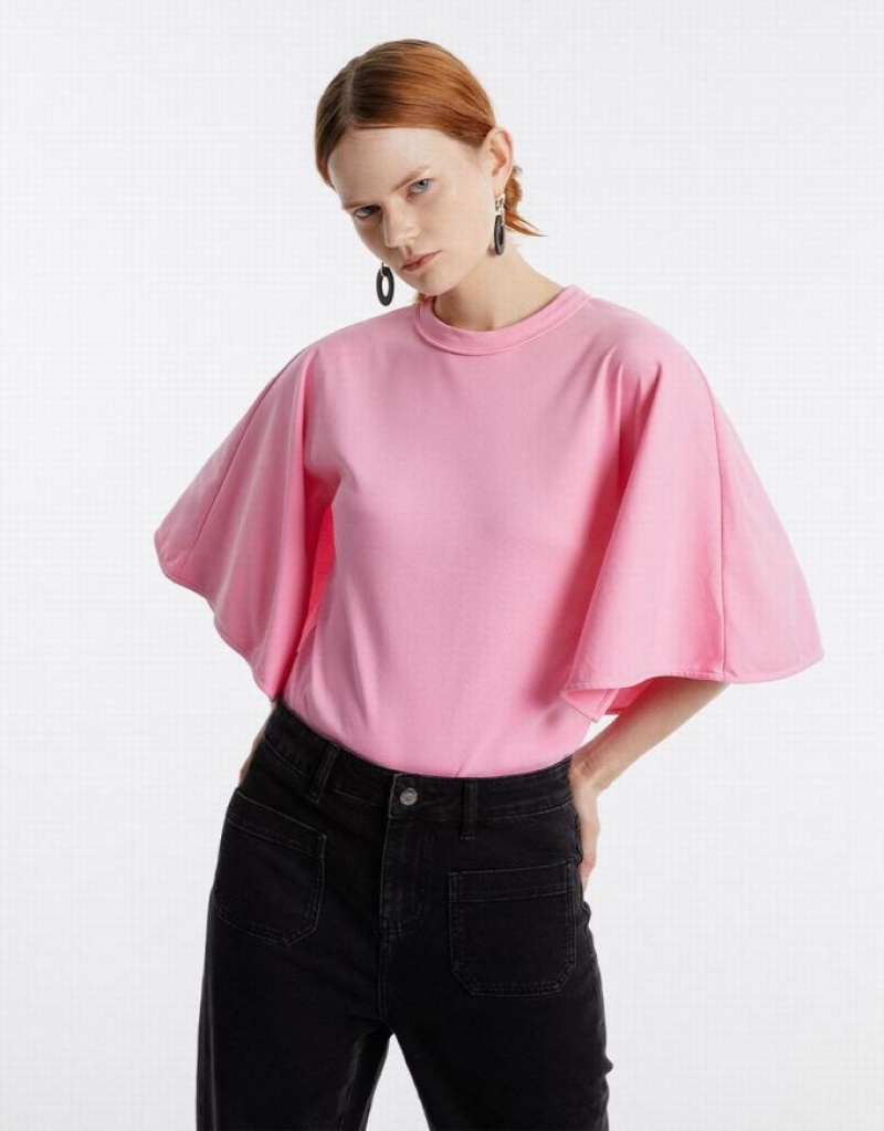 Pink Urban Revivo Batwing Sleeve Women's T-Shirts | 58290NGAX