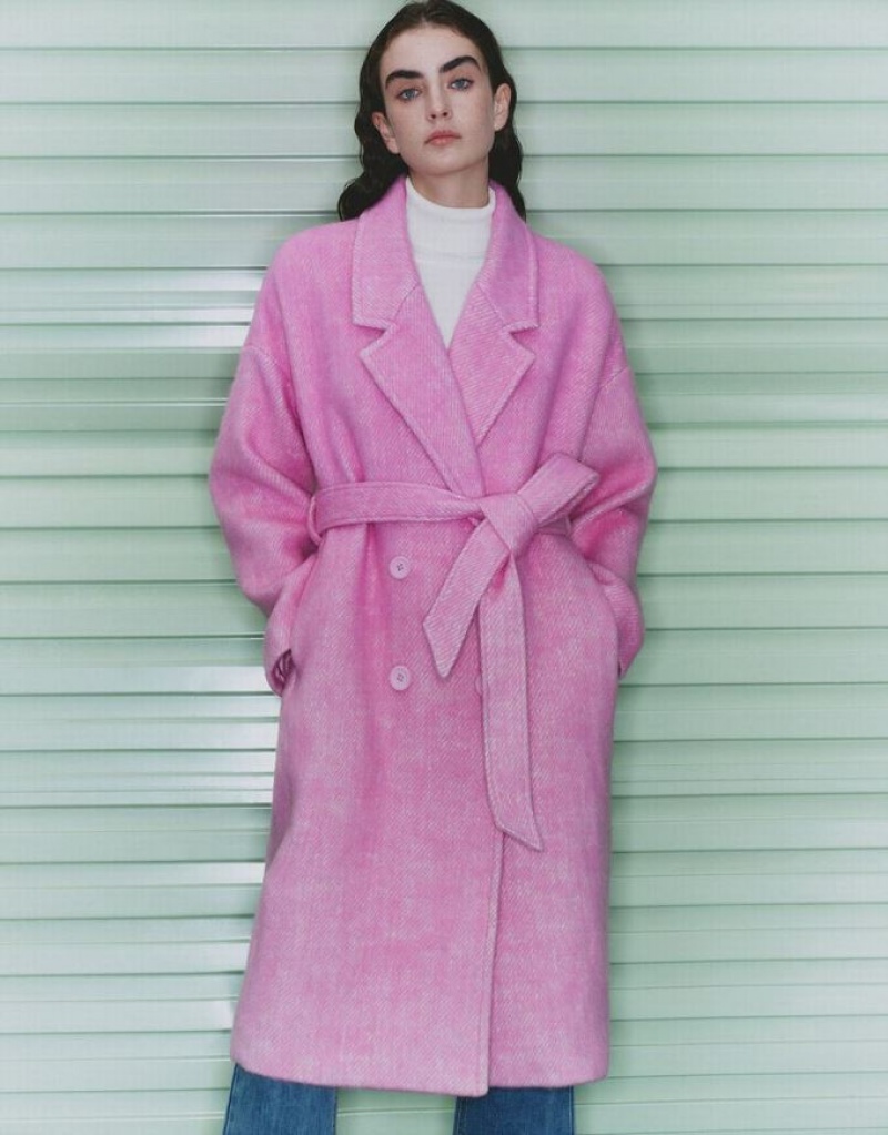 Pink Urban Revivo Belted Woolen Women's Coats | 93026MKDE