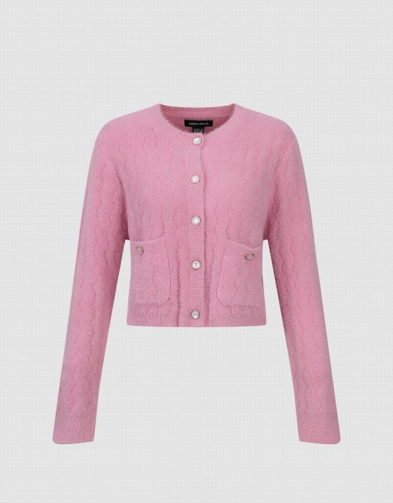 Pink Urban Revivo Button Up Crew Neck Knitted Women's Cardigan | 09638ZSUX