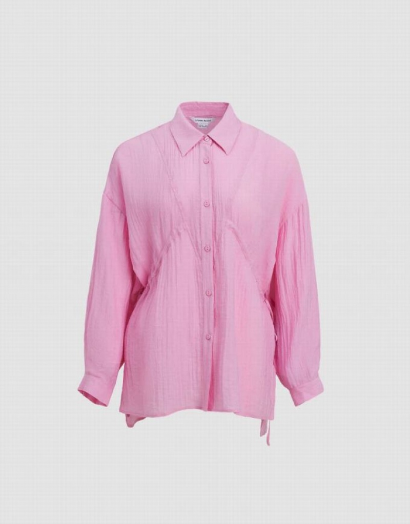 Pink Urban Revivo Button Up Loose A-Line Women's Shirts | 34986GJSZ