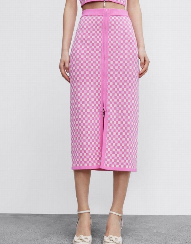 Pink Urban Revivo Checkered Midi Straight Knitted Women's Skirts | 56170YLSW