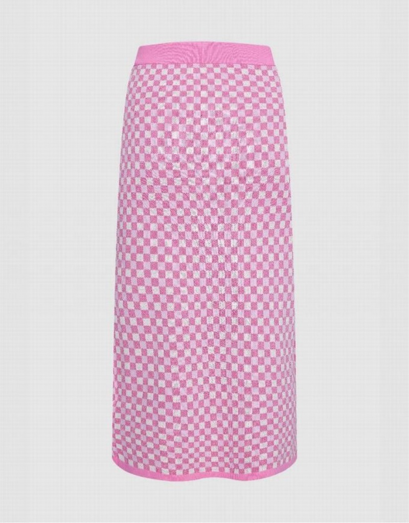 Pink Urban Revivo Checkered Midi Straight Knitted Women's Skirts | 56170YLSW