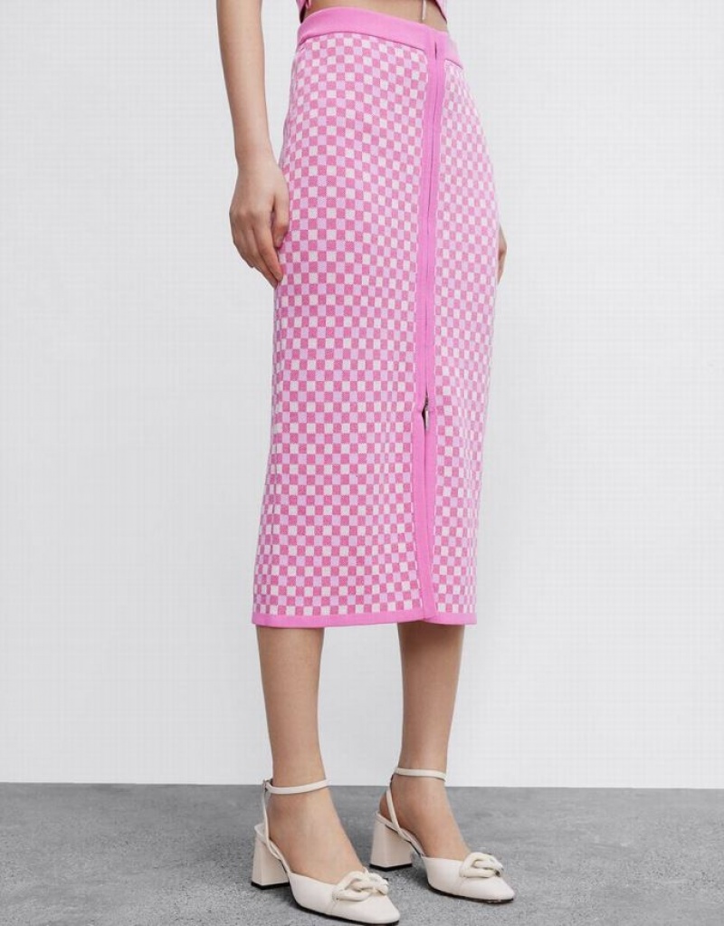 Pink Urban Revivo Checkered Midi Straight Knitted Women's Skirts | 56170YLSW