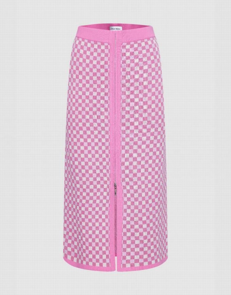 Pink Urban Revivo Checkered Midi Straight Knitted Women\'s Skirts | 56170YLSW