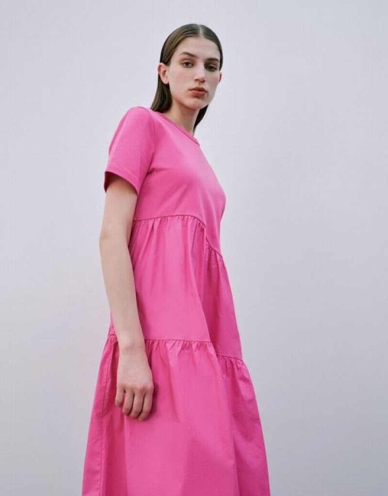 Pink Urban Revivo Crew Neck A-Line Women's Dress | 68409AMJY