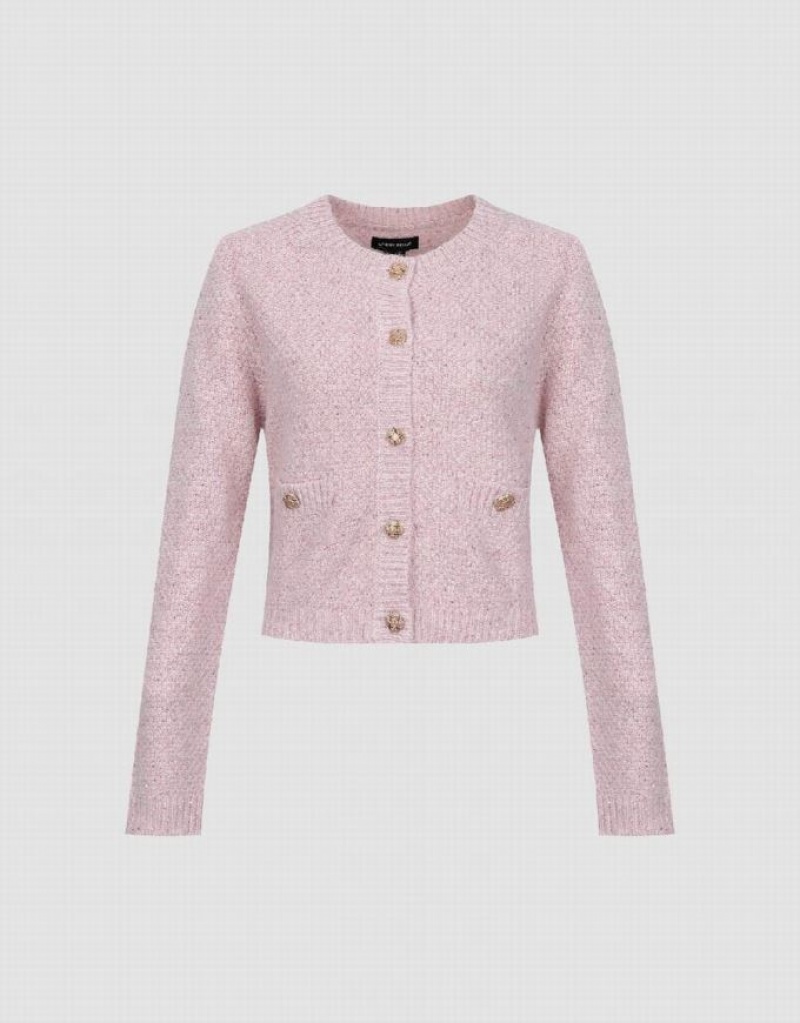 Pink Urban Revivo Crew Neck Knitted With Fake Pockets Women's Cardigan | 93625BWKN