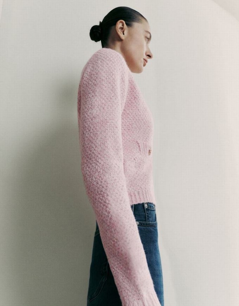 Pink Urban Revivo Crew Neck Knitted With Fake Pockets Women's Cardigan | 93625BWKN