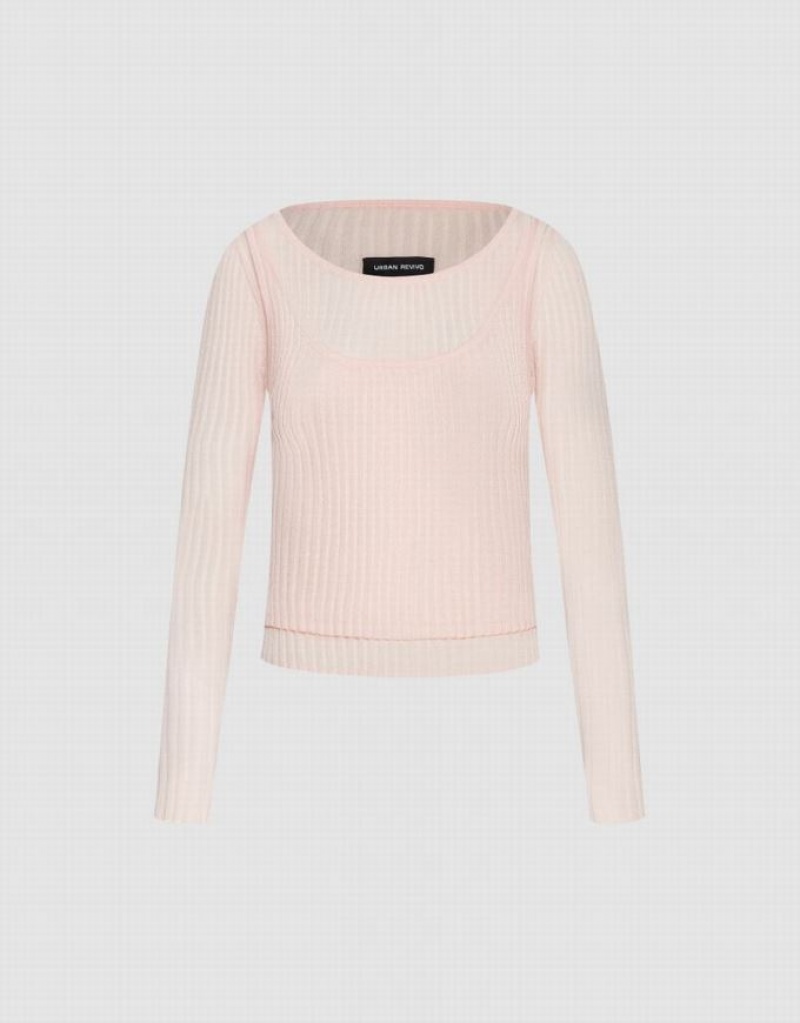 Pink Urban Revivo Crew Neck Knitted Women's Cardigan | 83720JSYU