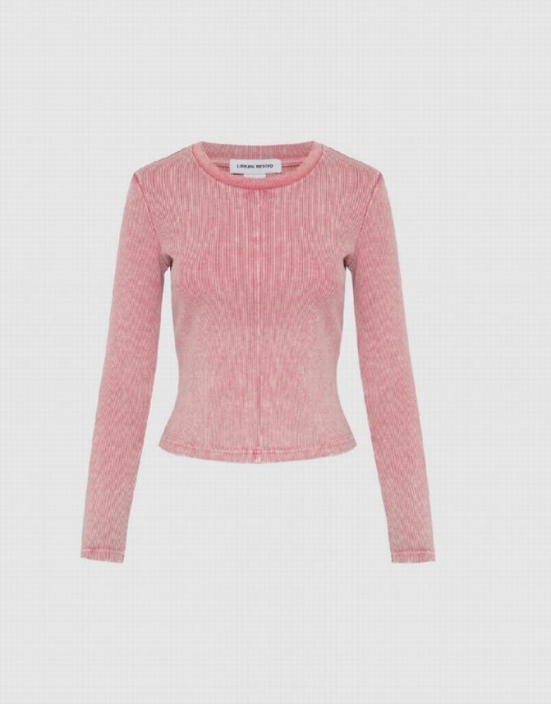 Pink Urban Revivo Crew Neck Skinny Knitted Women's T-Shirts | 65217QTHO