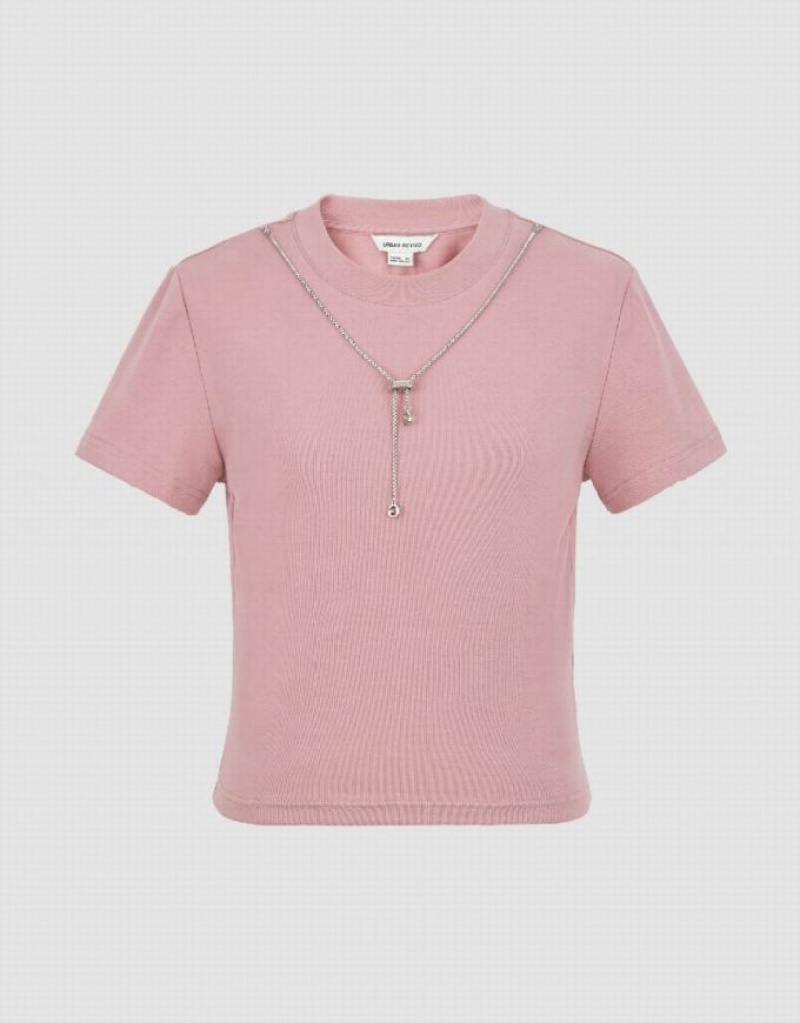 Pink Urban Revivo Crew Neck Skinny With Necklace Women's T-Shirts | 93876THDM