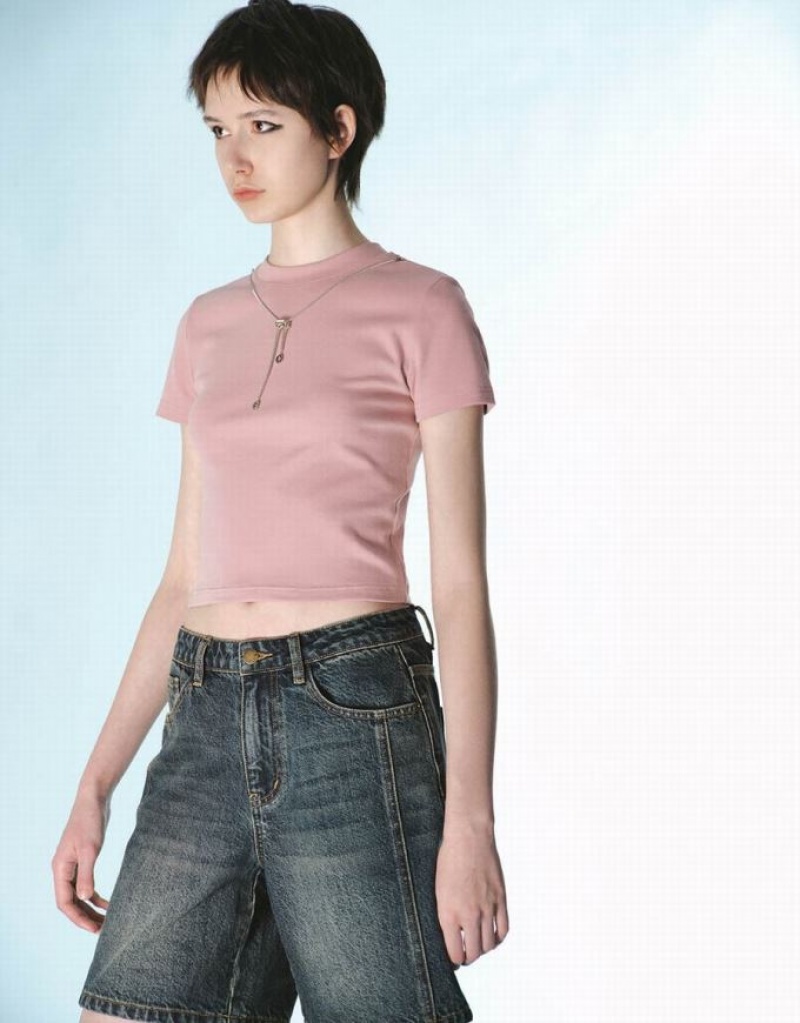 Pink Urban Revivo Crew Neck Skinny With Necklace Women's T-Shirts | 93876THDM