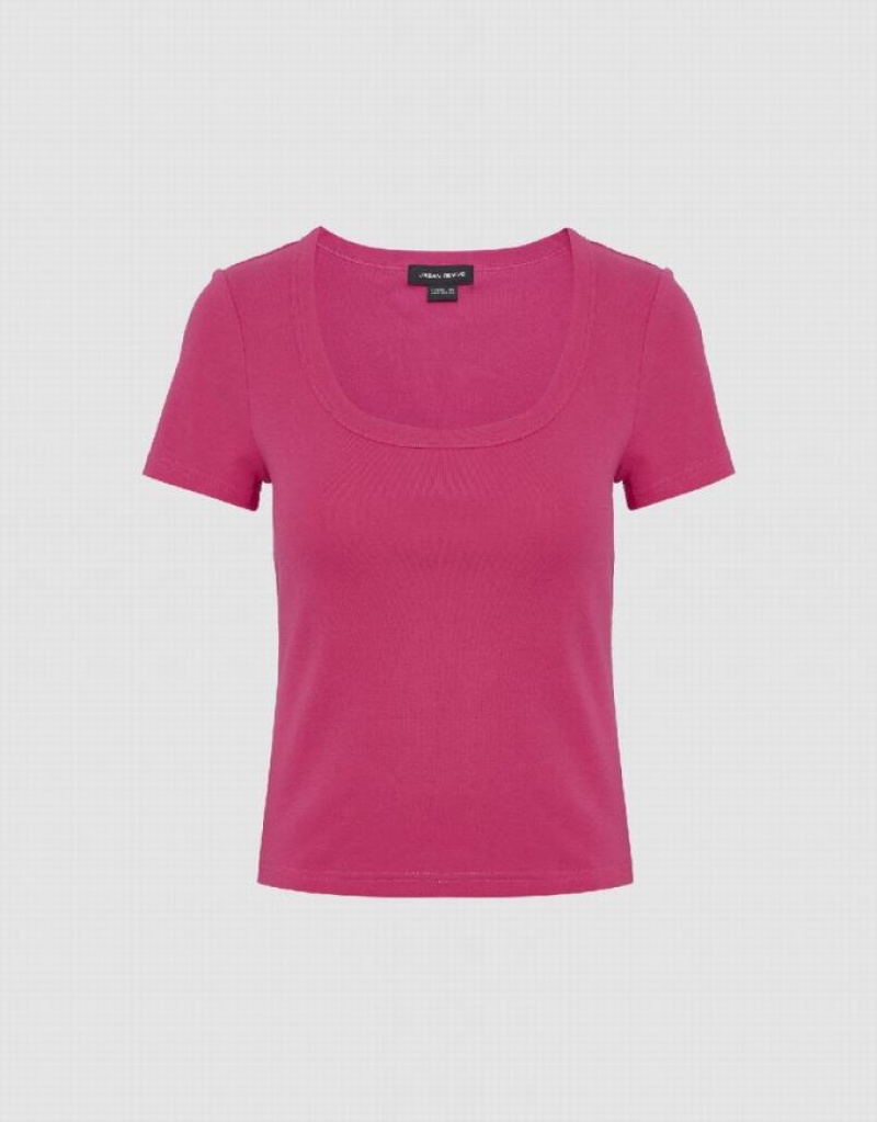 Pink Urban Revivo Crew Neck Skinny Women's T-Shirts | 14268GWLY