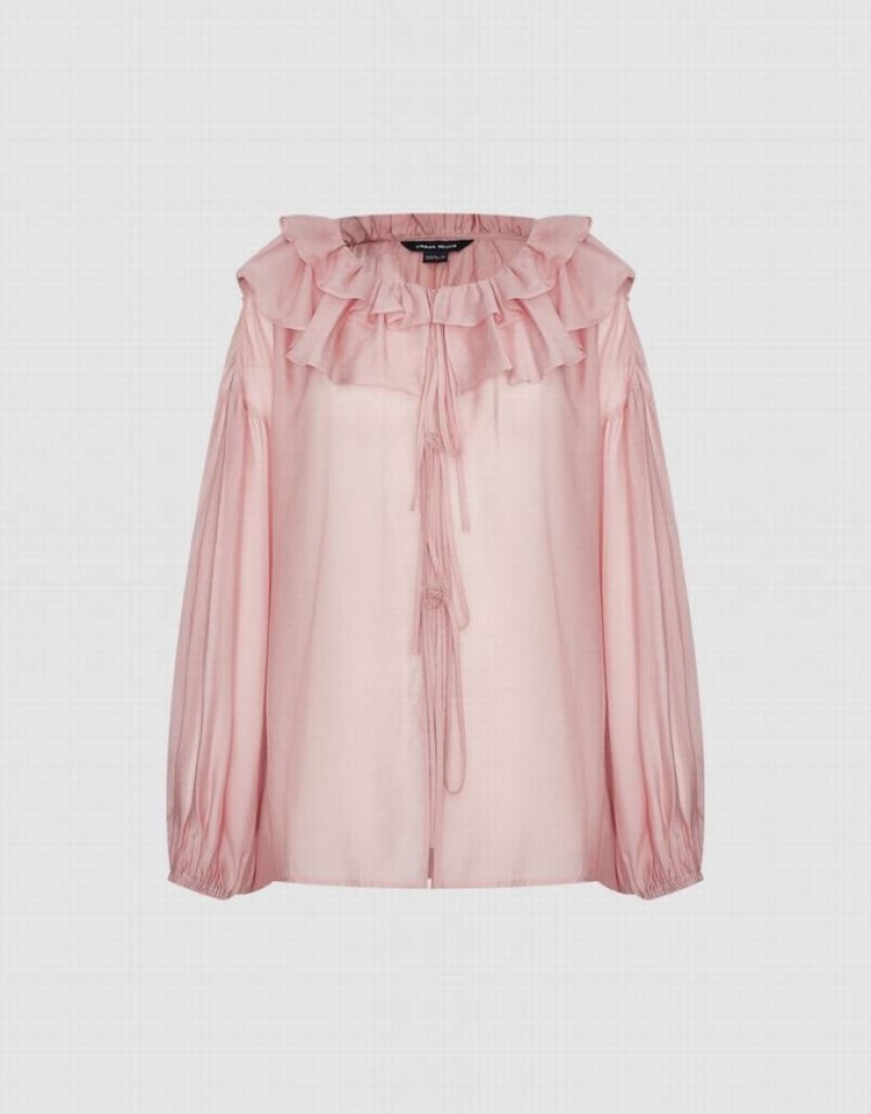 Pink Urban Revivo Drop Should Ruffle Lapel Women's Shirts | 47695WLDQ