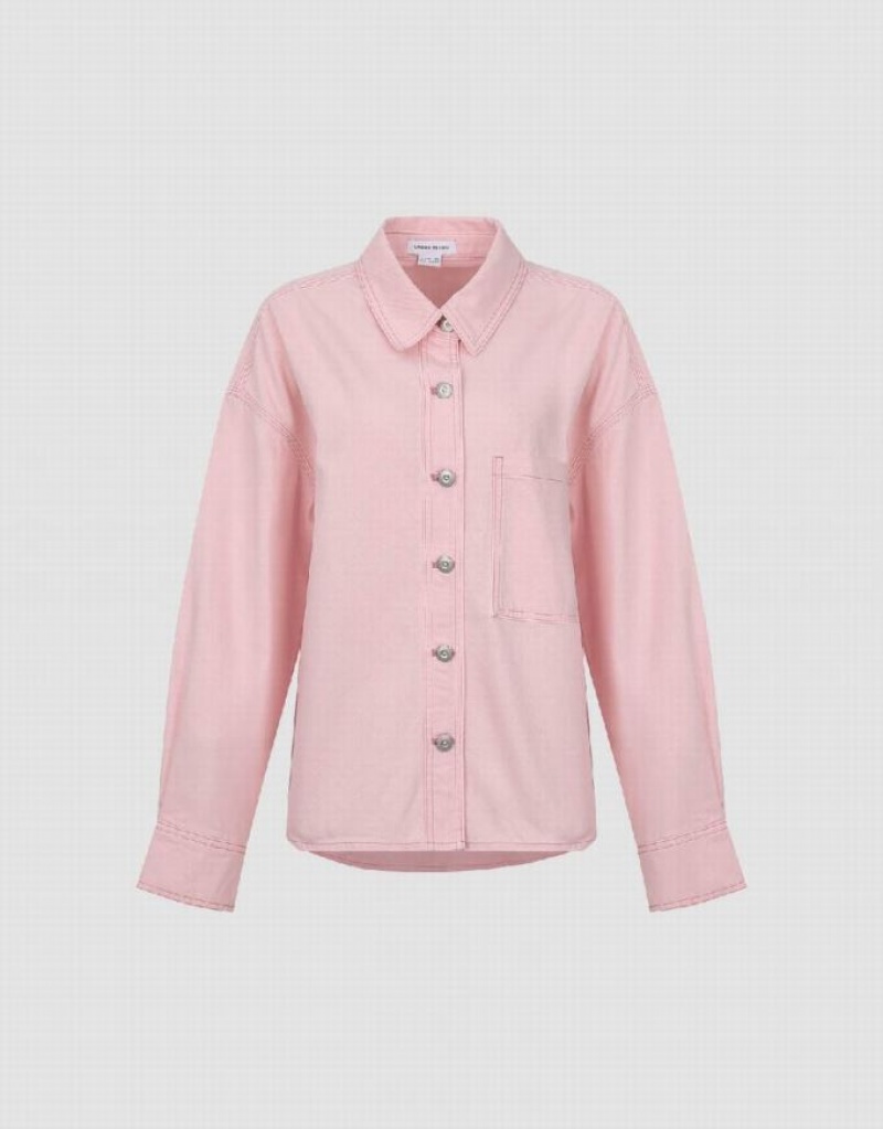 Pink Urban Revivo Drop Shoulder Sleeve Denim Women's Shirts | 39582XHNO