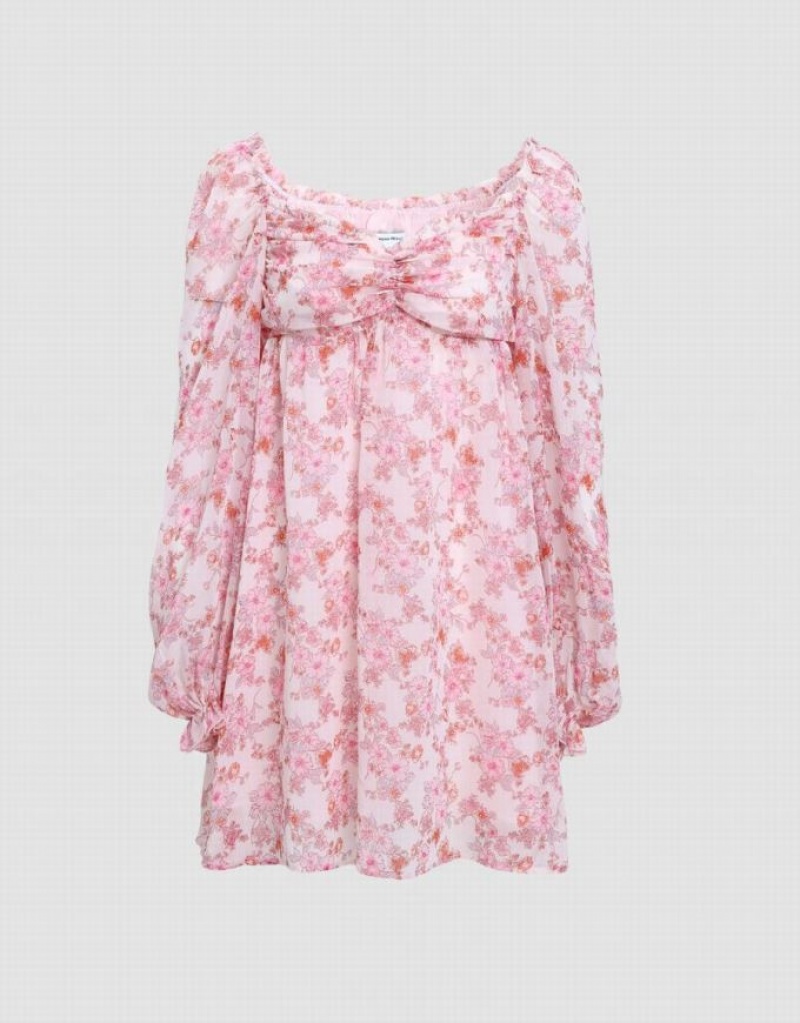 Pink Urban Revivo Floral Square-cut Collar Women's Short Dress | 01489BGYO