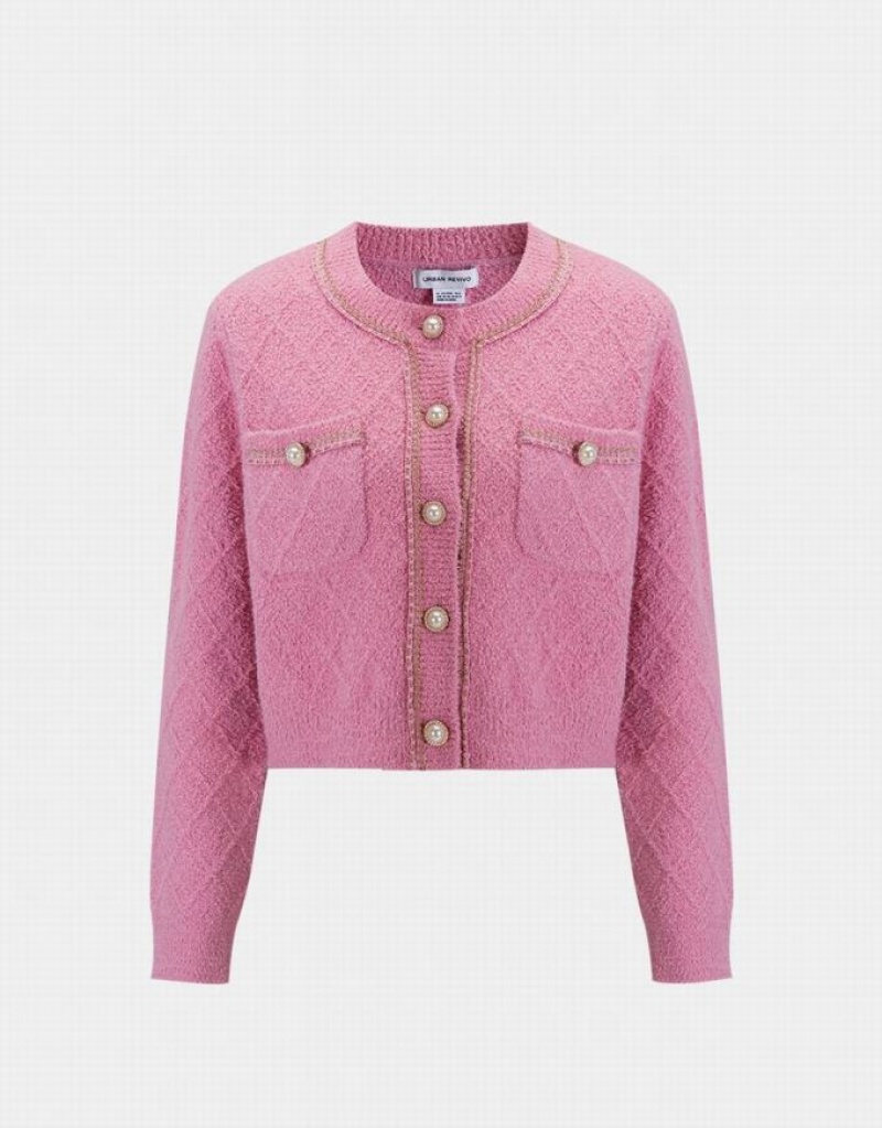 Pink Urban Revivo Fluffy Contrast Trim Faux Pearl Button Women\'s Cardigan | 92456CEZI