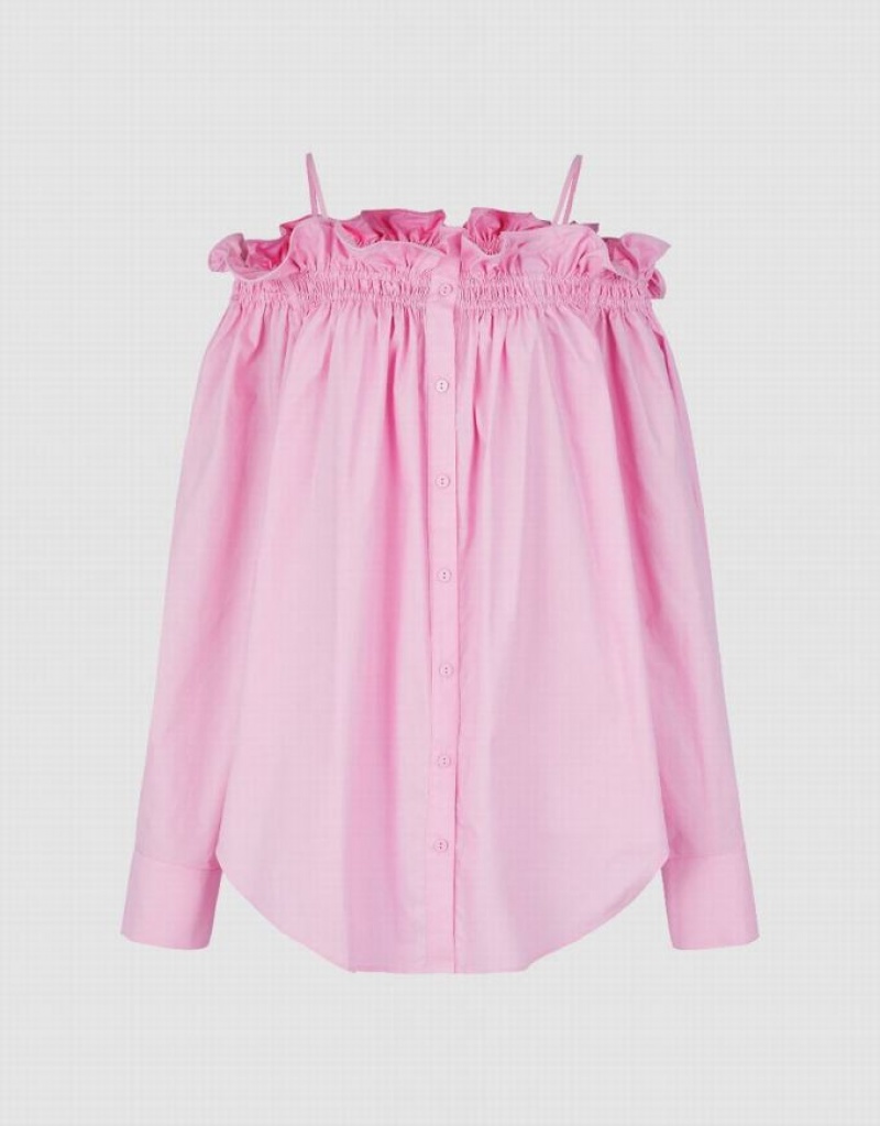 Pink Urban Revivo Frill Trim Off-Shoulder Women's Shirts | 39810JHIP