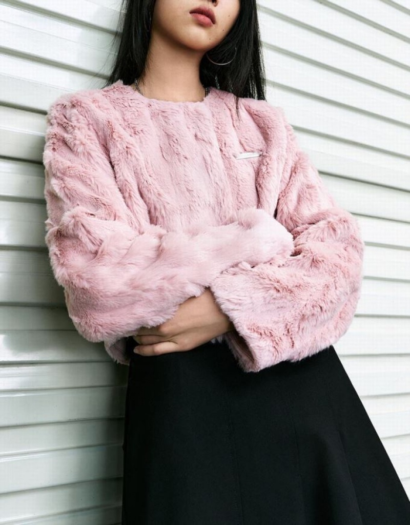 Pink Urban Revivo Furry Crew Neck Straight Women's Coats | 37415VCGH