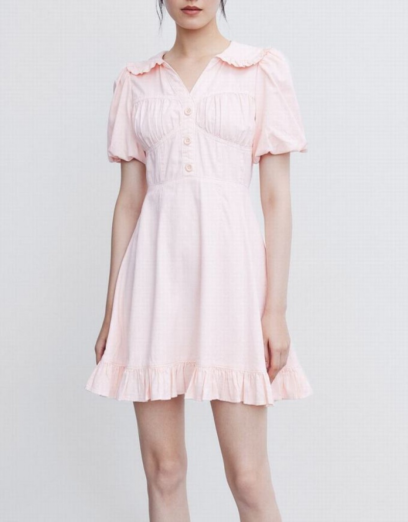 Pink Urban Revivo Half Button Ruffle Hem Women's Denim Dress | 47853HMZJ