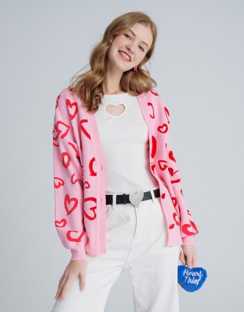 Pink Urban Revivo Heart Pattern Jacquard Button Up Oversized Women's Cardigan | 12938FKBL