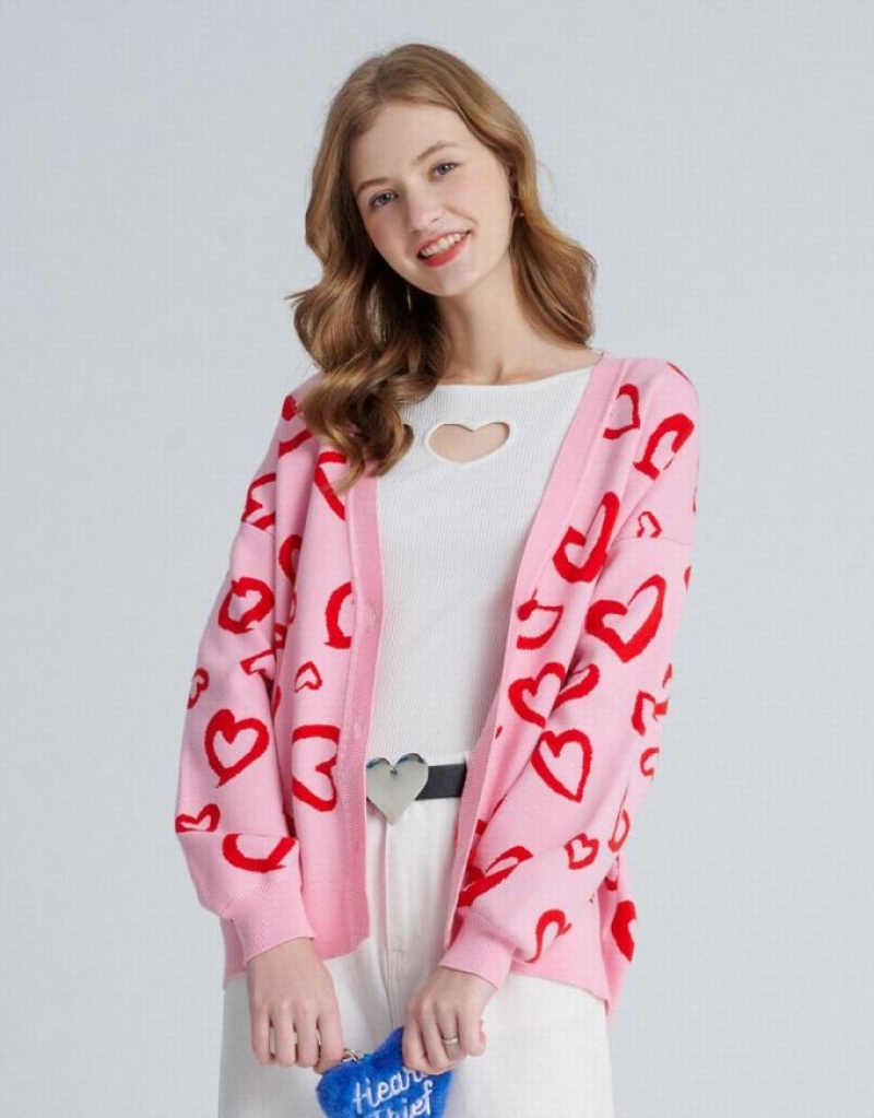 Pink Urban Revivo Heart Pattern Jacquard Button Up Oversized Women's Cardigan | 12938FKBL