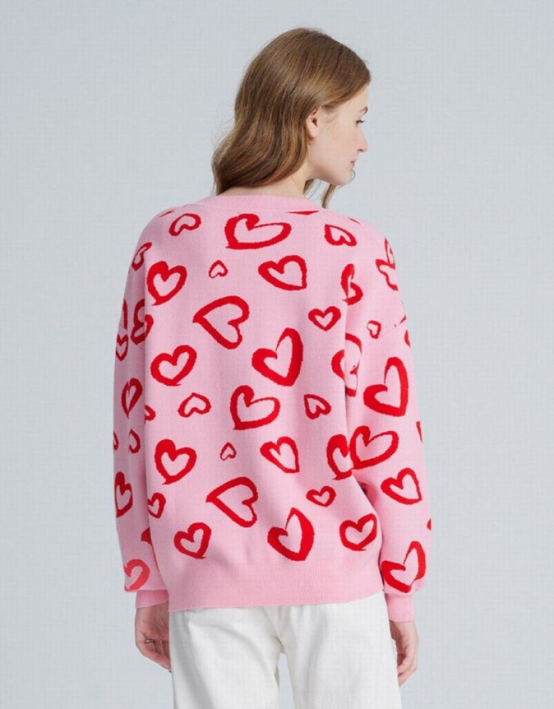 Pink Urban Revivo Heart Pattern Jacquard Button Up Oversized Women's Cardigan | 12938FKBL