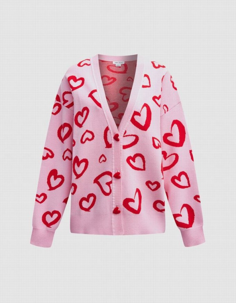 Pink Urban Revivo Heart Pattern Jacquard Button Up Oversized Women\'s Cardigan | 12938FKBL