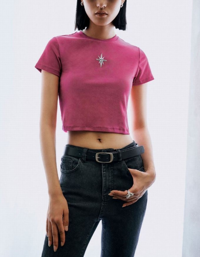 Pink Urban Revivo Hexagram Printed Crew Neck Skinny Women's T-Shirts | 41637XCHK