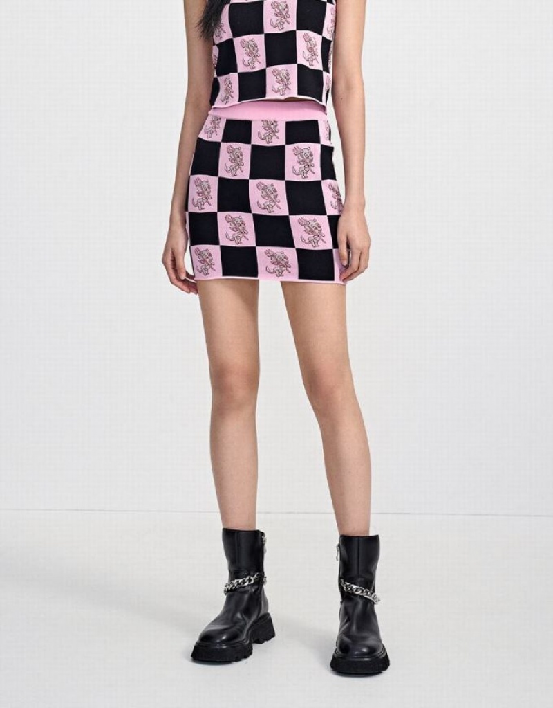 Pink Urban Revivo Hot Stuff Checkered Knitted Women's Skirts | 79528LWNF