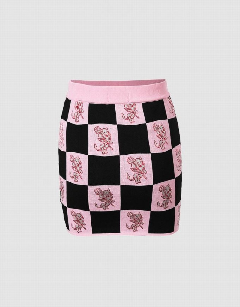 Pink Urban Revivo Hot Stuff Checkered Knitted Women's Skirts | 79528LWNF