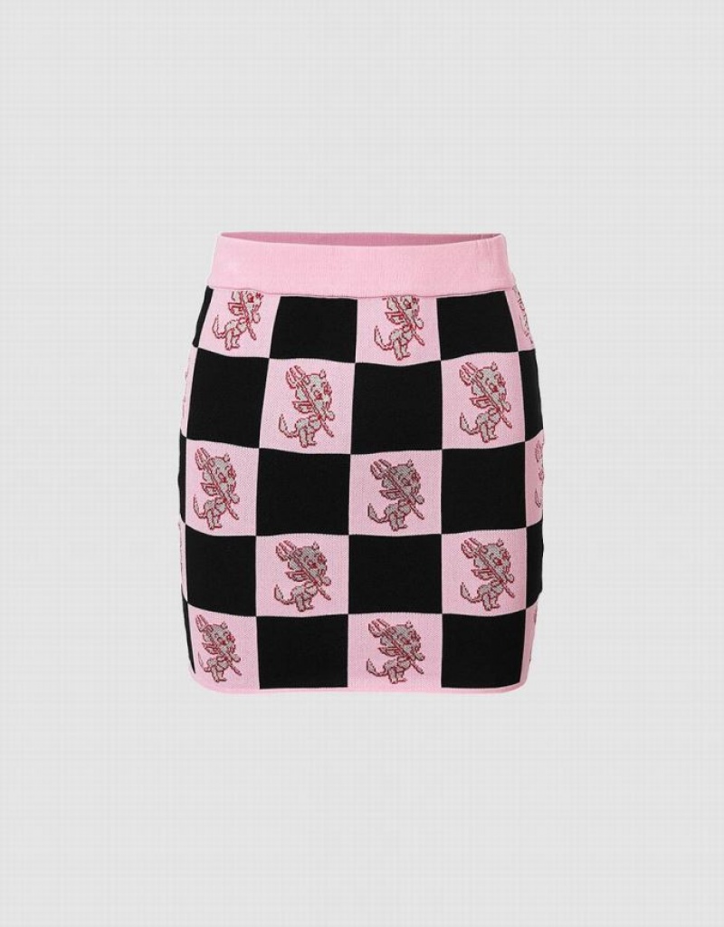 Pink Urban Revivo Hot Stuff Checkered Knitted Women\'s Skirts | 79528LWNF